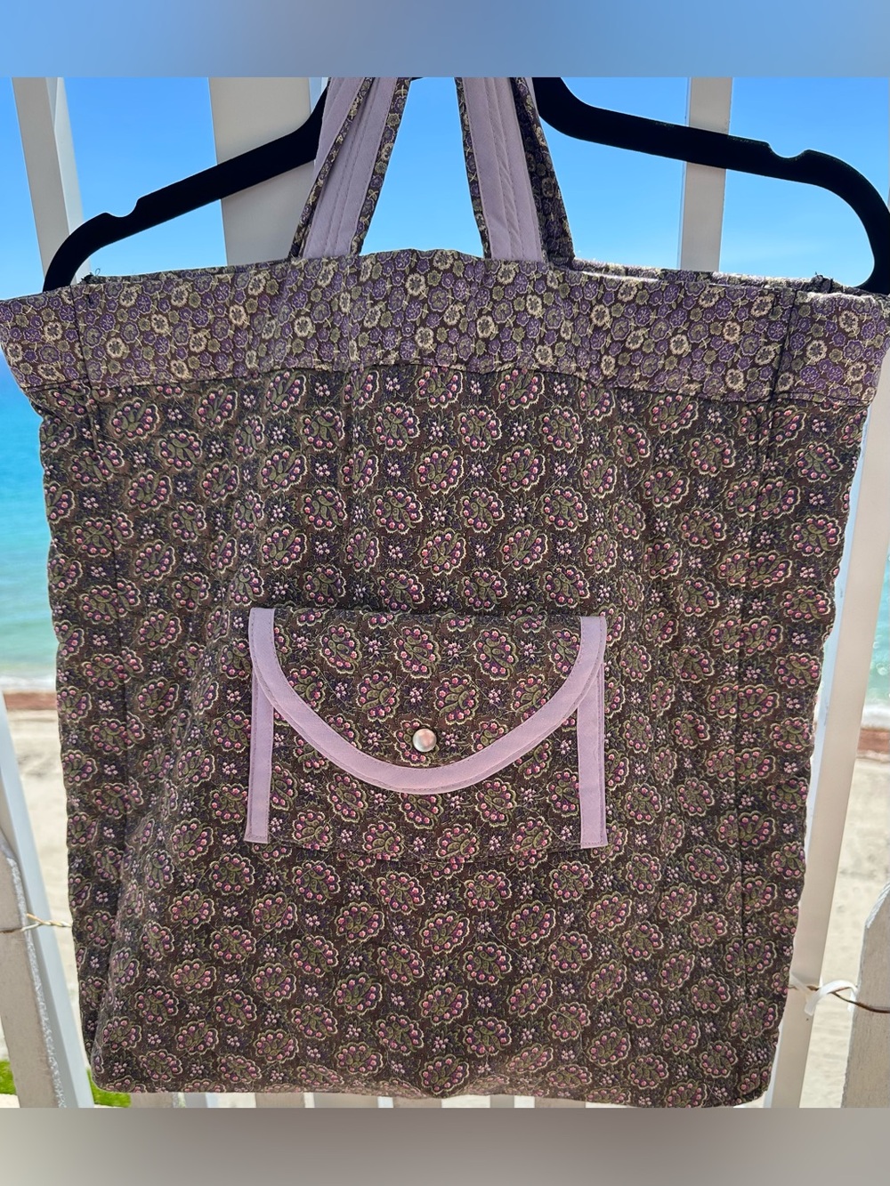 Quilted Floral Tote Bag in Lavender and Brown